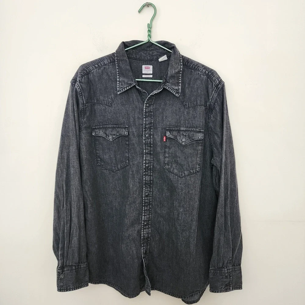 ☘️Levis Mens XL Barstow Western Denim Shirt Washed Black Snap Button Long Sleeve